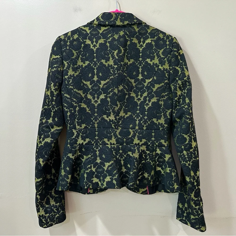 Banana Republic L’Wren Scott Blazer Bright Celery Black Floral Jacquard Peplum 2 - Picture 3 of 11